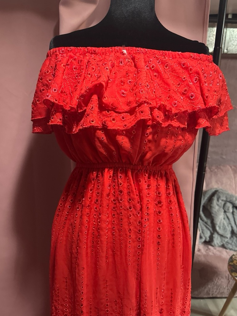 sofia by sofia vergara Red Off-Shoulder Ruffle Eyelet Dress